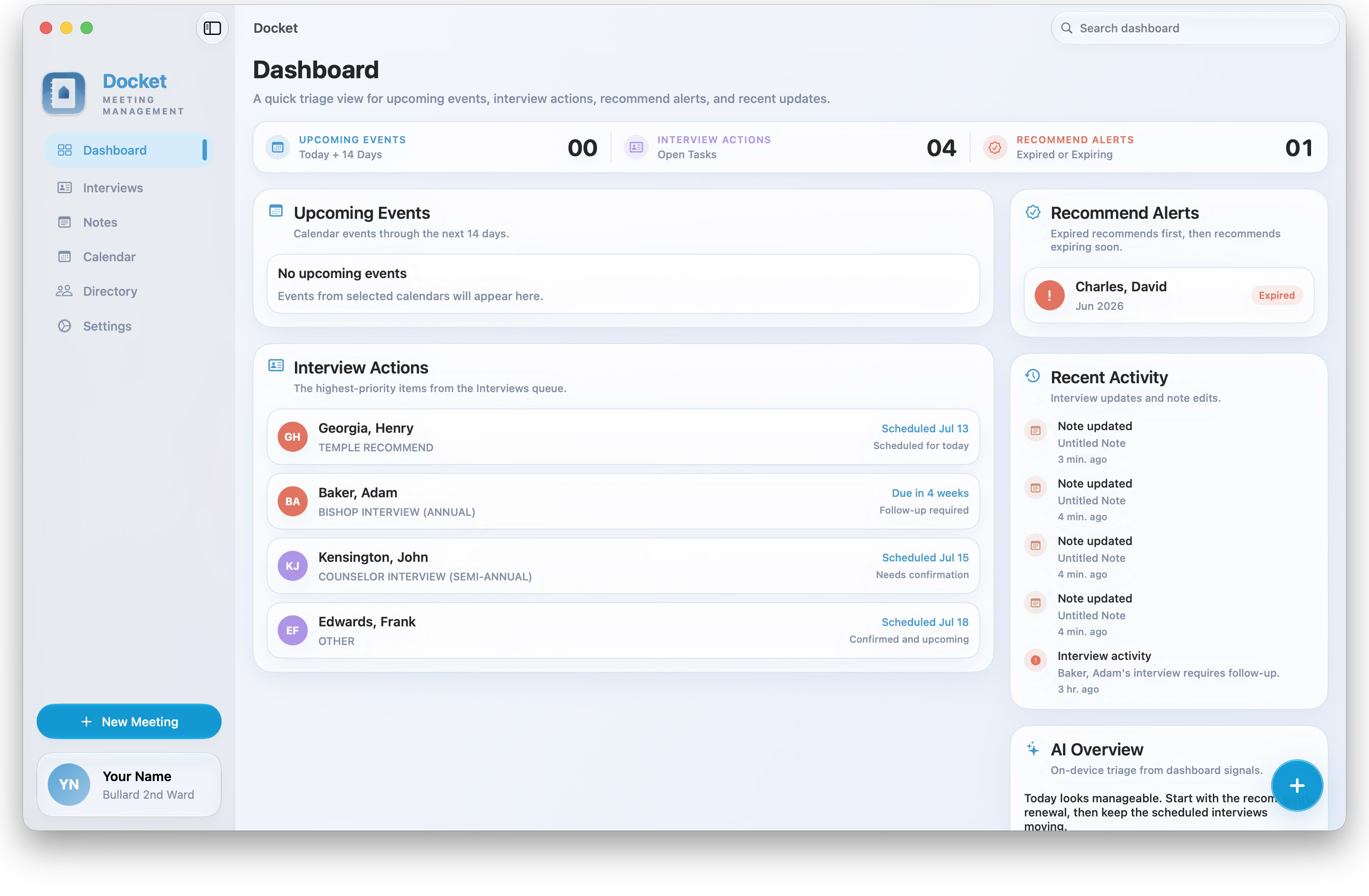 Docket dashboard showing upcoming events, interview actions, recommend alerts, recent activity, and an on-device overview