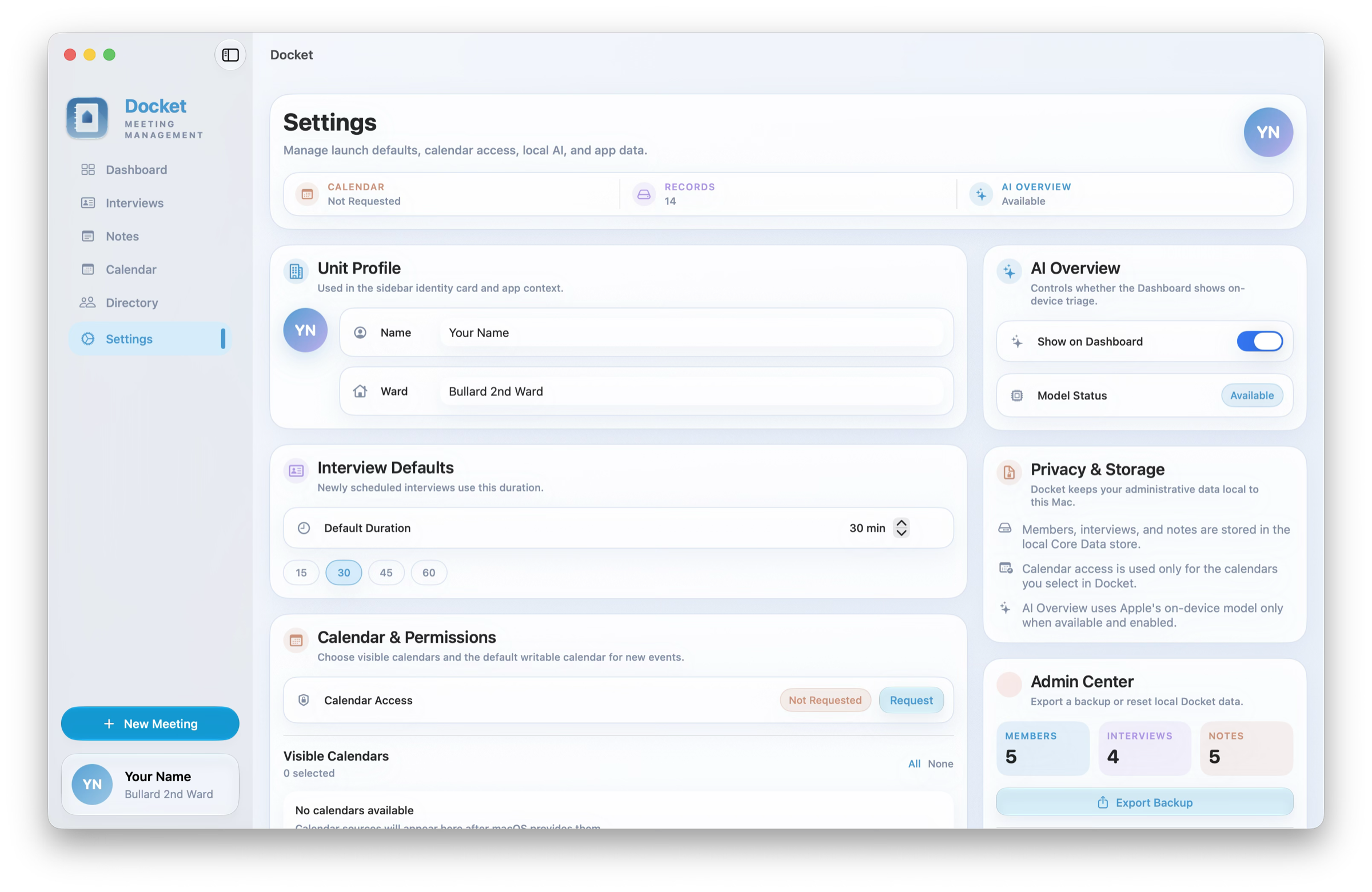 Docket Settings showing privacy and on-device intelligence controls